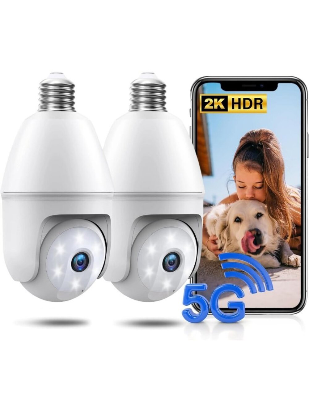 2 Pack 360° Wireless Light Bulb Security Cameras - 2K Color Night Vision, AI